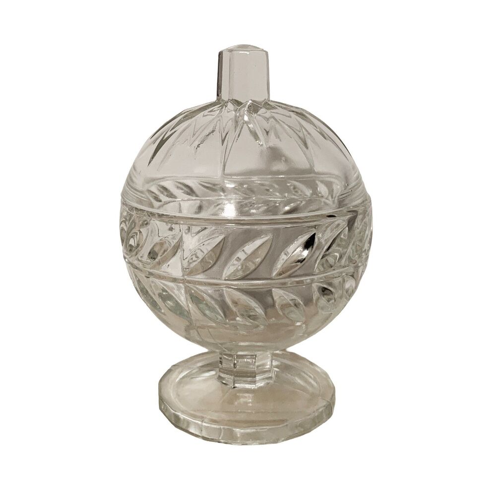 Vintage Indiana Glass Laurel Wreath Clear Pedestal Candy Dish Hexagon Knob Lid